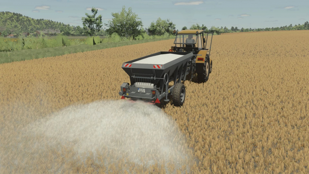 FS25 mods: Agromet RCW 3 v1.0.0.0 fertilizer spreader in a wheat field in Farming Simulator 25.