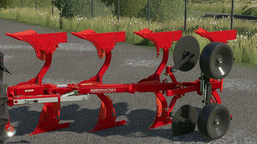 FS22 Alpler 3+1 Pack mod showcasing a red agricultural plow with four moldboards on a rural road in Farming Simulator 22.