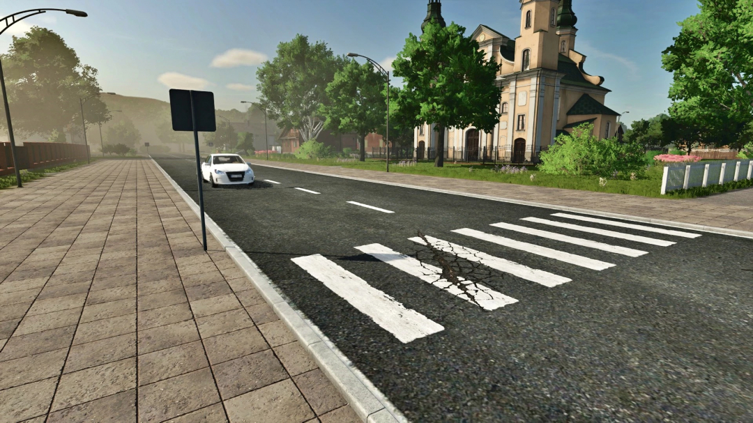 Street view in ArmeusMap v4.0.0.0 mod for Farming Simulator 25 showing a road, car, and church.