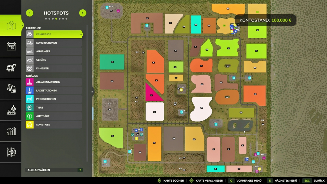 FS25 ArmeusMap v4.0.0.0 showing field layouts and vehicle menu