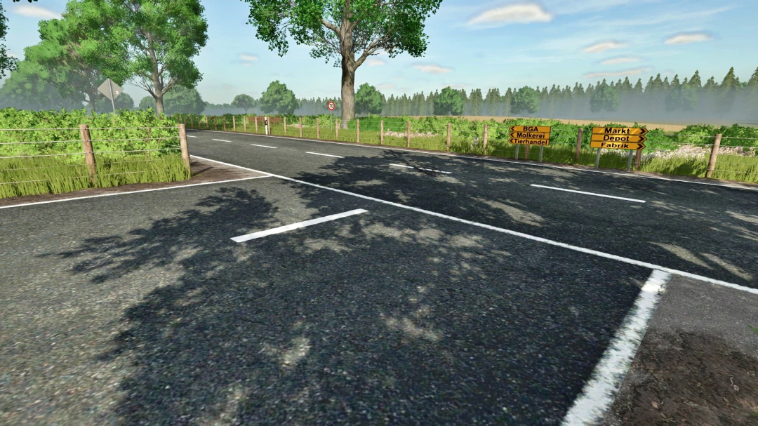 ArmeusMap v4.0.0.0 mod for FS25 showing a rural road with directional signs and lush greenery in the game Farming Simulator 25.