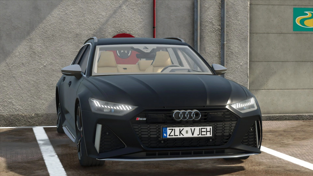 Audi RS6 mod for FS25 in a parking spot, showcasing the detailed front design, part of Farming Simulator 25 mods.