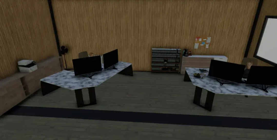 Modern office interior in FS25 mod AustriaModding Modern Shed v1.0.7.0 with desks, monitors, and storage.