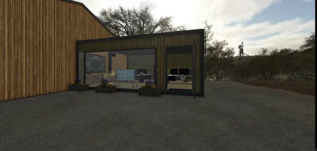 Modern wooden shed from AustriaModding in FS25, featuring glass windows and plants outside.