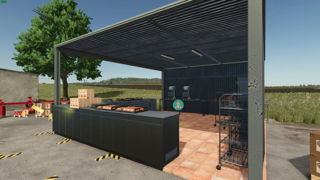 FS25 mod Bakery Factory v1.0.0.0 shows a modern bakery setup with ovens, mixers, and bread in a rural outdoor setting.