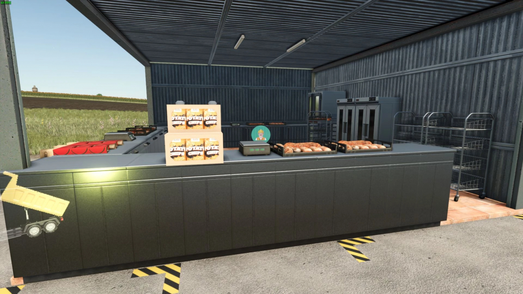 Bakery Factory mod v1.0.0.0 in FS25 showing bread and shelves inside a production building.