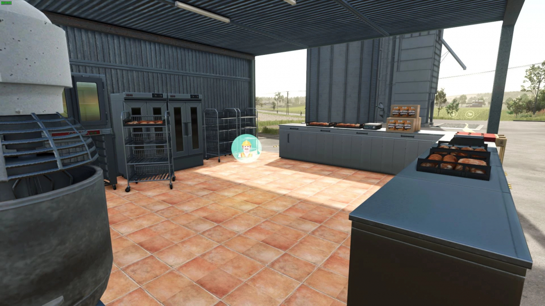 Bakery factory setup in FS25 mod with ovens, bread and packaging equipment.