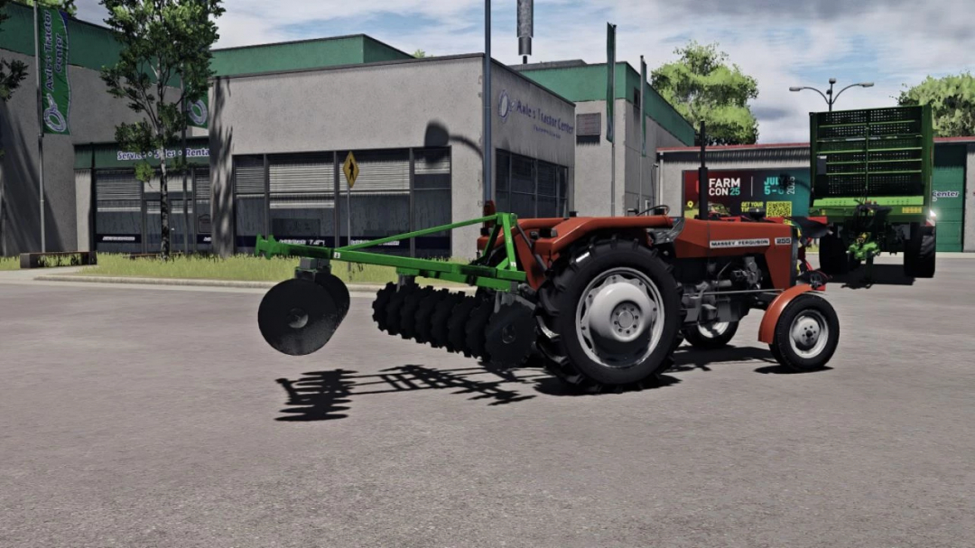 FS25 mod Bomet U363 v1.0.0.0 shown with tractor outside a dealership in Farming Simulator 25.