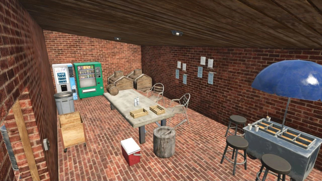 Interior of Brick Shed and Workshop in Farming Simulator 25 mod, featuring a table, chairs, vending machines, and a brick wall.