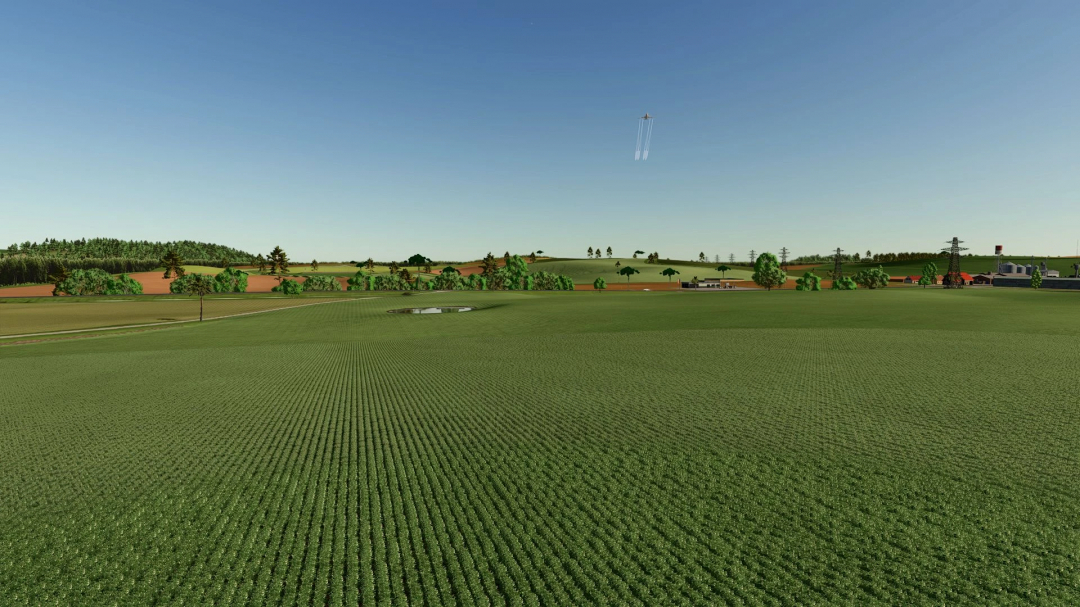 Campos Gerais Map in FS25 showcasing vast agricultural fields and distant buildings.