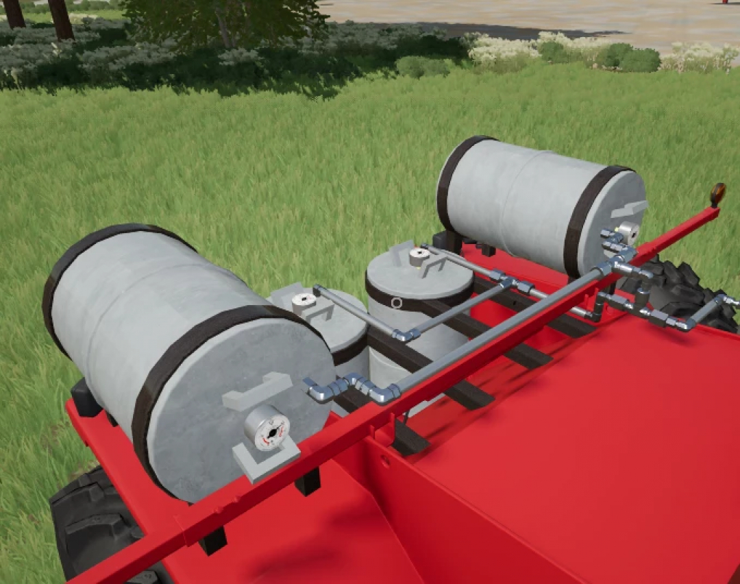 Close-up of propane tanks on Case IH Steiger mod for FS25, showcasing detailed components and grassy field background.