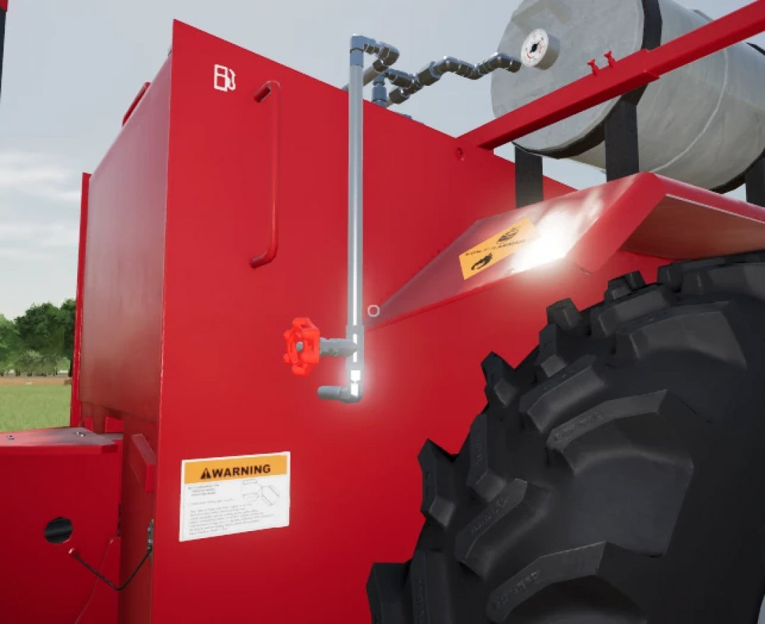 Close-up of the Case IH Propane Steigers mod for FS25, showcasing the red body, warning label, and propane tank detail.