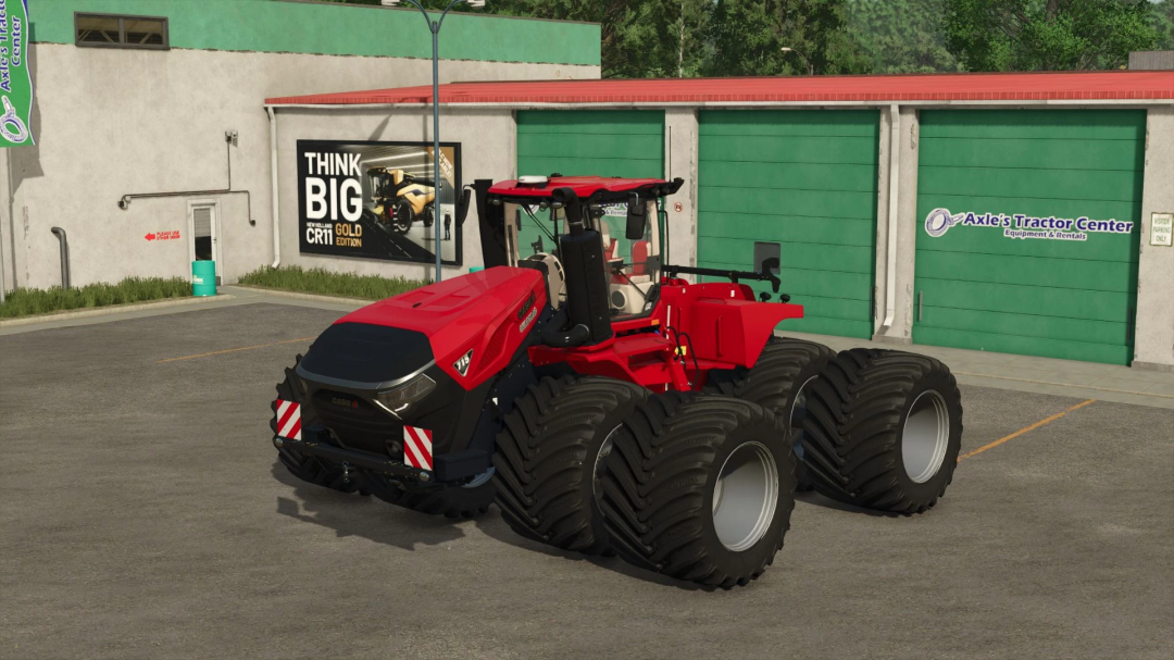 FS25 mod Case Steiger 715 tractor in front of green garage.