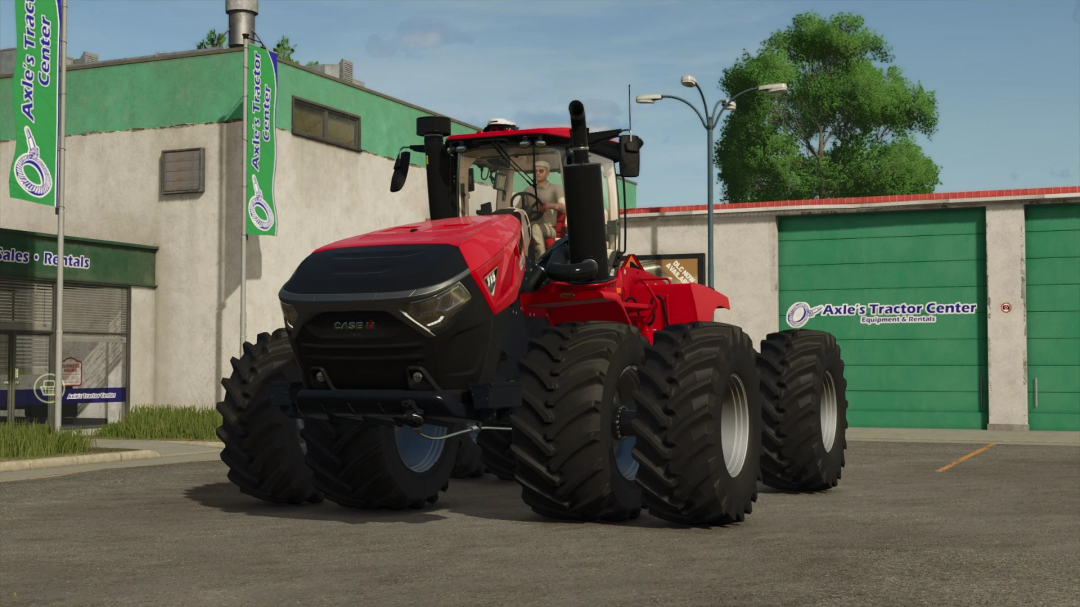 FS25 mod Case Steiger 715 tractor in front of Axle's Tractor Center.