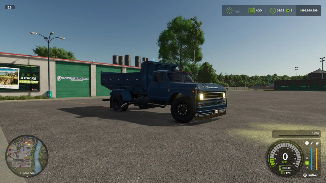 Chevrolet D60 mod in Farming Simulator 25, parked in front of a tractor center. FS25 mods enhance gameplay experience.