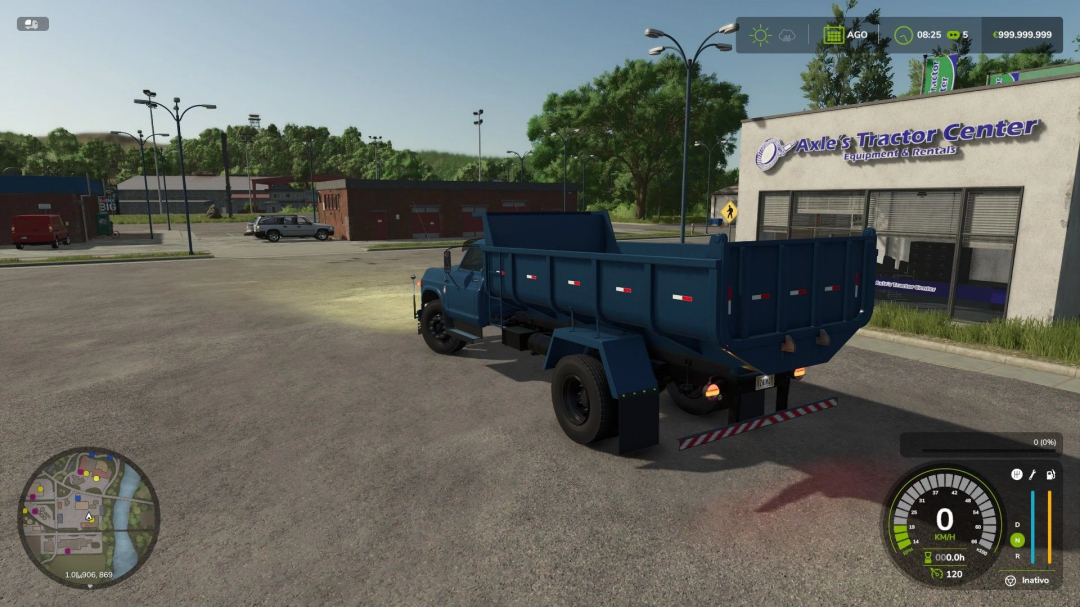 Chevrolet D60 truck mod in FS25 parked outside Axle's Tractor Center in Farming Simulator 25.