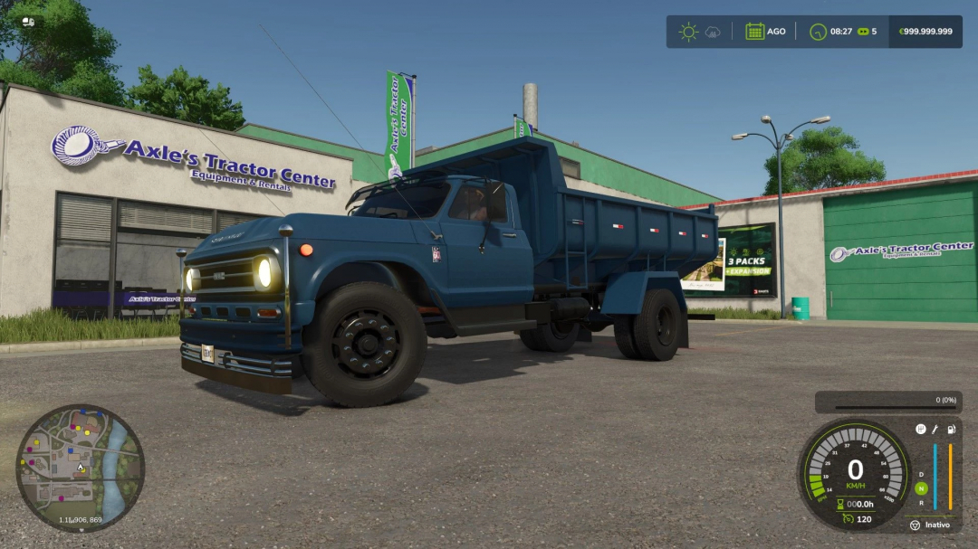 Chevrolet D60 truck mod in FS25 parked at Axle's Tractor Center, showcasing Farming Simulator 25 mods.