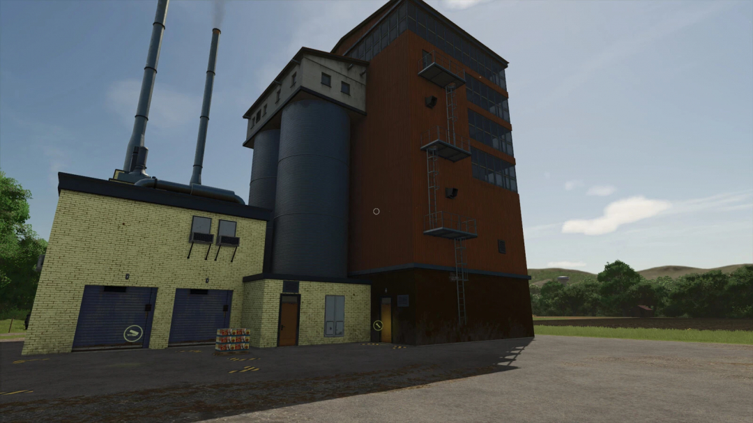 Chocolate Cereal Factory mod building in FS25 with tall silos and chimneys.