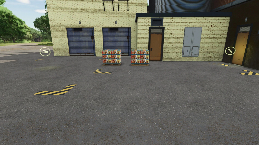 FS25 mod Chocolate Cereal Factory v1.0.0.0 shows pallets of cereal outside a factory.