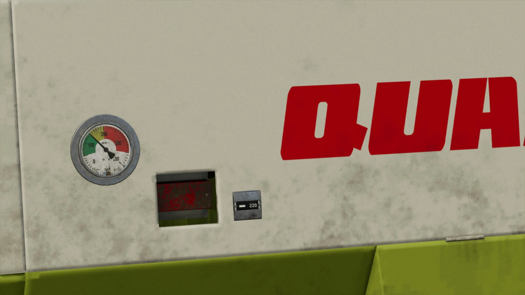 Close-up of Claas Quadrant 1200 gauge in FS25 mod, showing red lettering and pressure gauge on farm equipment.