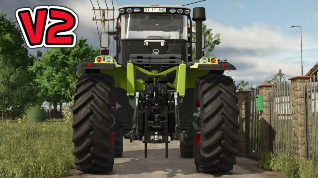 Rear view of Claas Xerion 3000 Series v2.0.0.0 mod in FS25, showing tractor features.