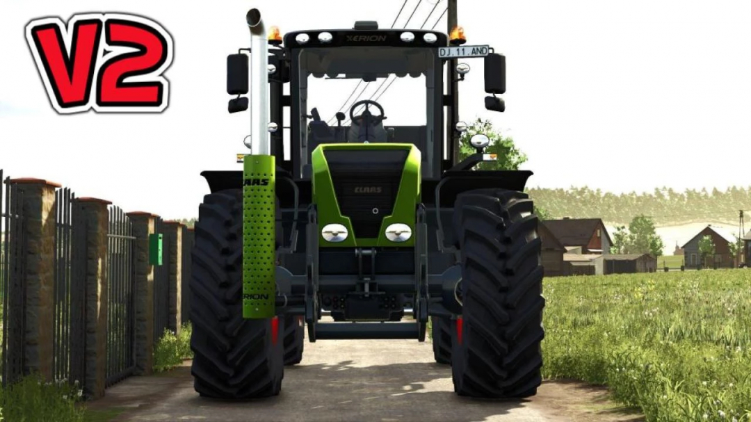 FS25 mod Claas Xerion 3000 Series v2.0.0.0 tractor on a rural path, showcasing enhanced graphics.