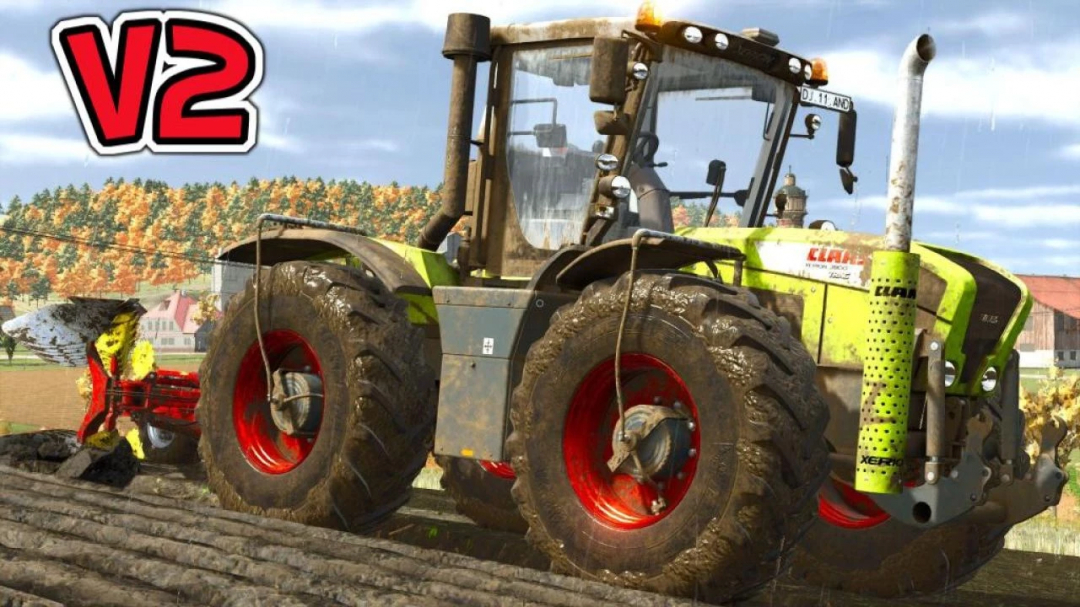 Claas Xerion 3000 Series v2.0.0.0 mod in FS25 showcasing a tractor plowing a field.