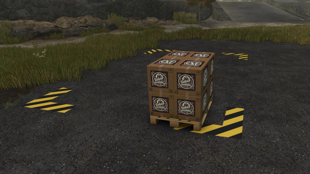 FS25 mods Clothing production v1.0.0.0, pallet with tailor-labelled boxes on marked area