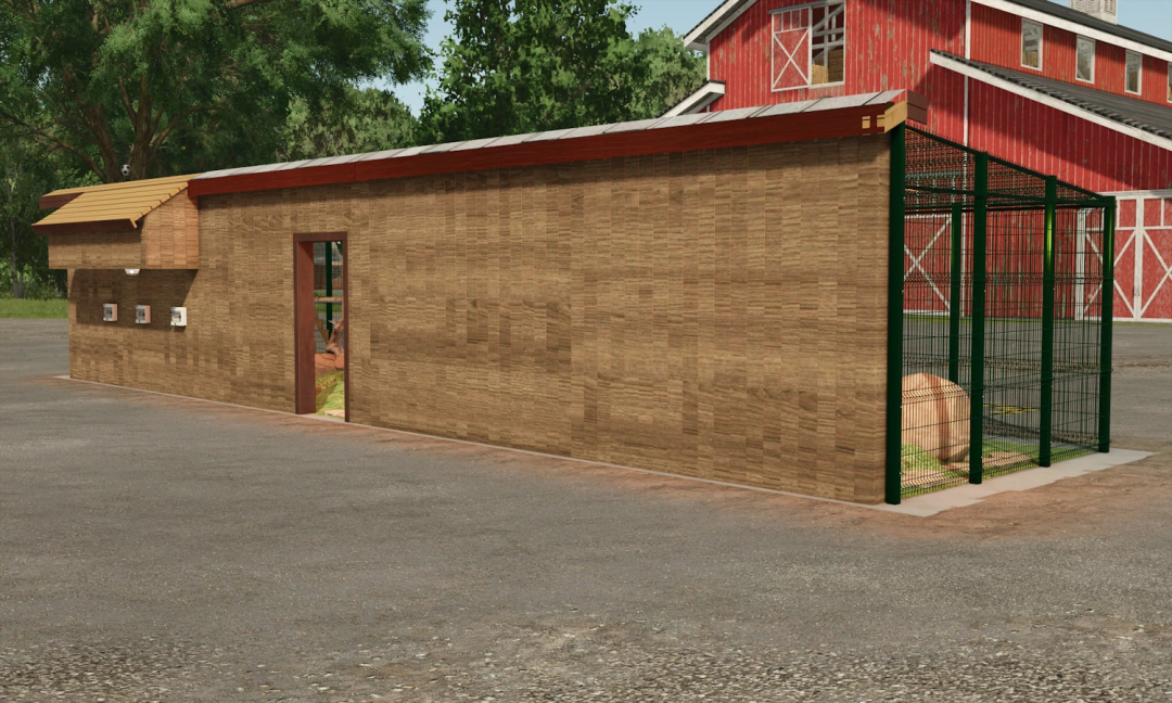 FS25 mod Deluxe Chicken Coop v1.1.0.0 featuring a modern coop design with a red barn in the background.