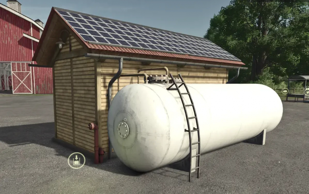 FS25 Diesel Production mod showing a tank next to a wooden building with solar panels. Farming Simulator 25 mods.