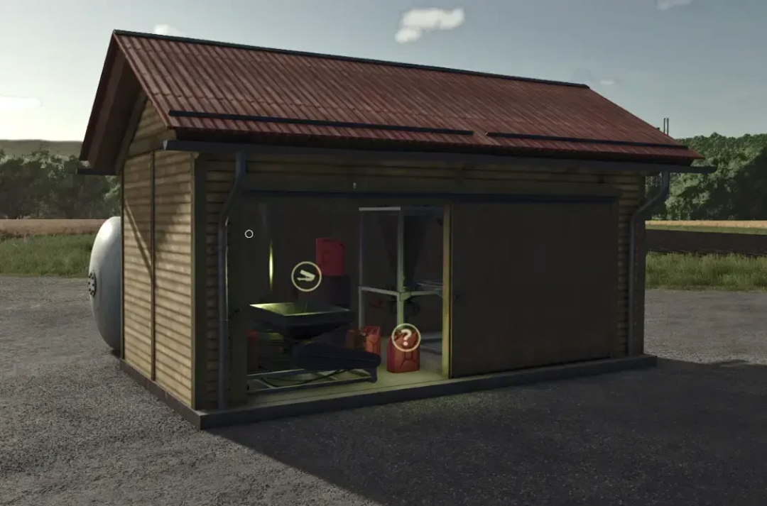 Diesel Production mod for FS25 showing a barn with diesel equipment.