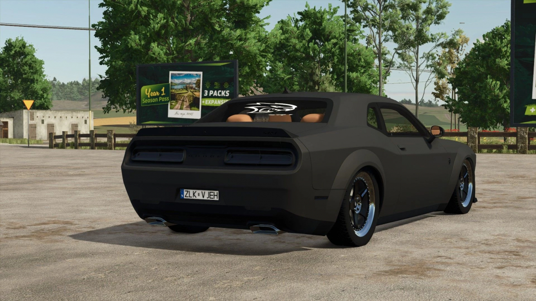 FS25 mod featuring a Dodge Challenger Hellcat against a rural backdrop in Farming Simulator 25.