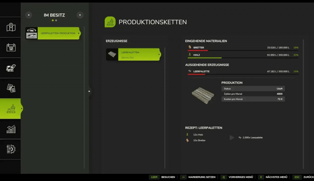 FS25 Europallet production mod interface showing production chains, resources, and pallet output details.