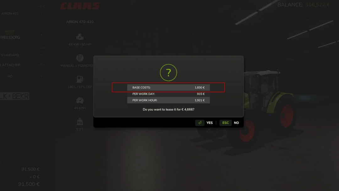 FS25 mod Extended Leasing v1.1.0.0 showing leasing costs dialog for base, per day, and per hour.