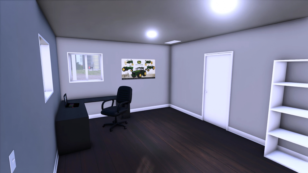 Interior of FS25 66x96 Shop mod, featuring a desk with a laptop and chair, a tractor poster on the wall, and empty shelves. FS25 mods.