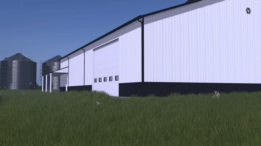 FS25 66x96 Shop mod for Farming Simulator 25, showing a large white building with silos in the background.