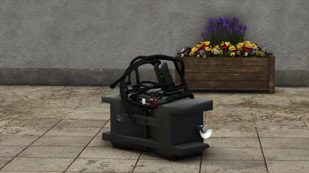 FS25 mod Case Weight v1.0.0.0 on pavement with flowers, Farming Simulator 25 mods.