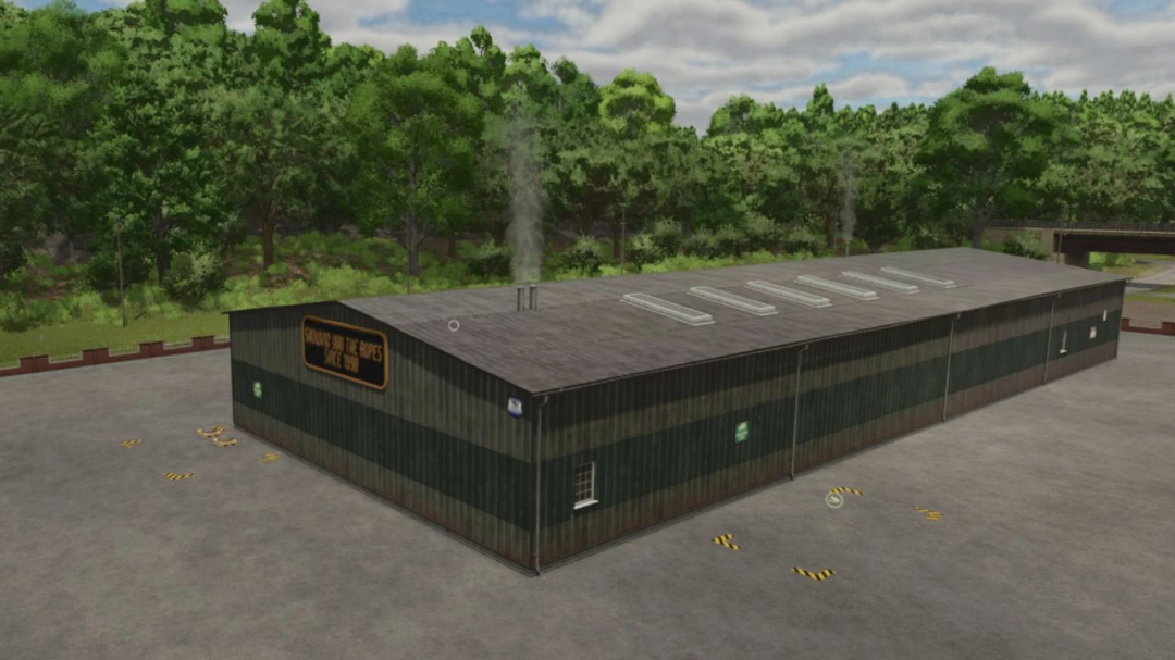 FS25 mod Faster Rope Production v1.0.0.0 warehouse in a forest setting.