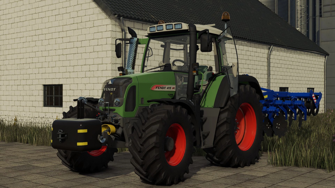 Fendt 400 Vario tractor mod in Farming Simulator 25, parked near a building.