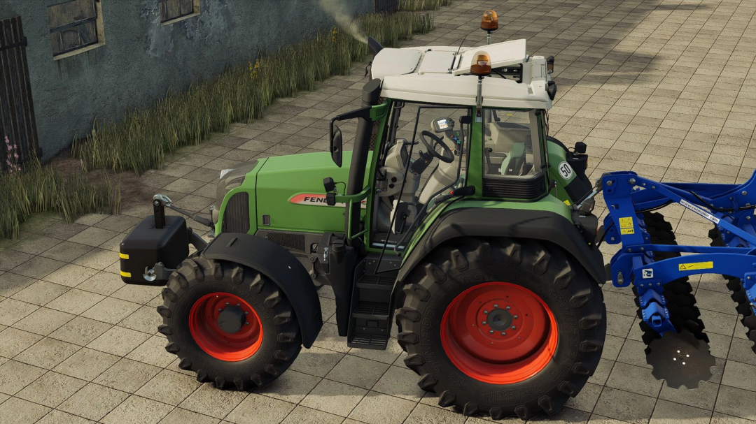 Fendt 400 Vario tractor mod in FS25 game, showcasing detailed design with a blue plow attachment.