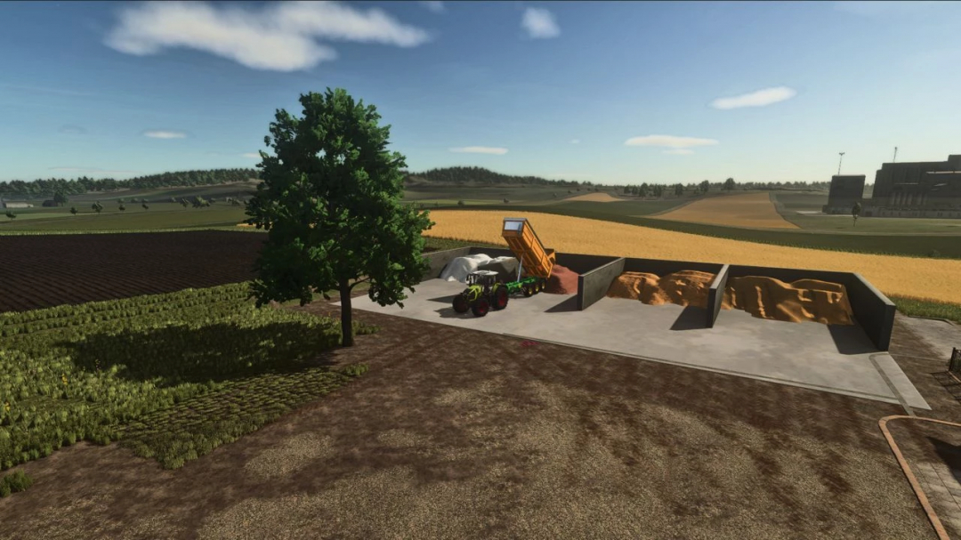 Flat storage mod in FS25 showcasing a tractor unloading materials in a farm setting.