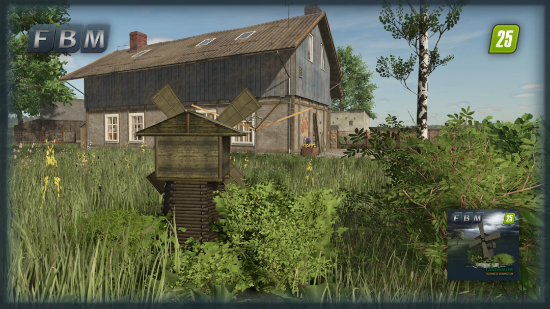 FS25 mods, Garden Mill v1.0.0.0 mod in Farming Simulator 25 showing a rustic windmill in a grassy field near a farmhouse.