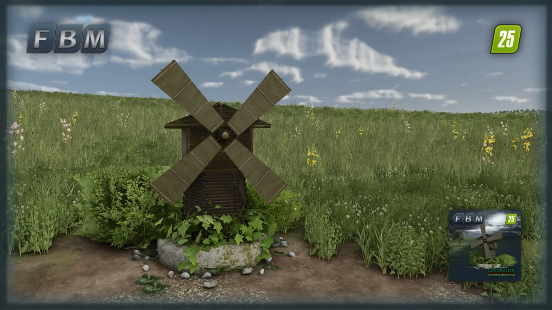 Garden Mill v1.0.0.0 mod for Farming Simulator 25. A small wooden windmill surrounded by greenery in a field.