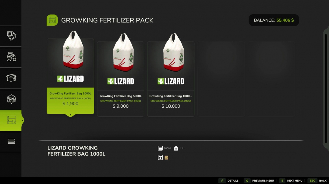 FS25 GrowKing Solid Fertilizer Pack mod showing Lizard brand bags with prices.