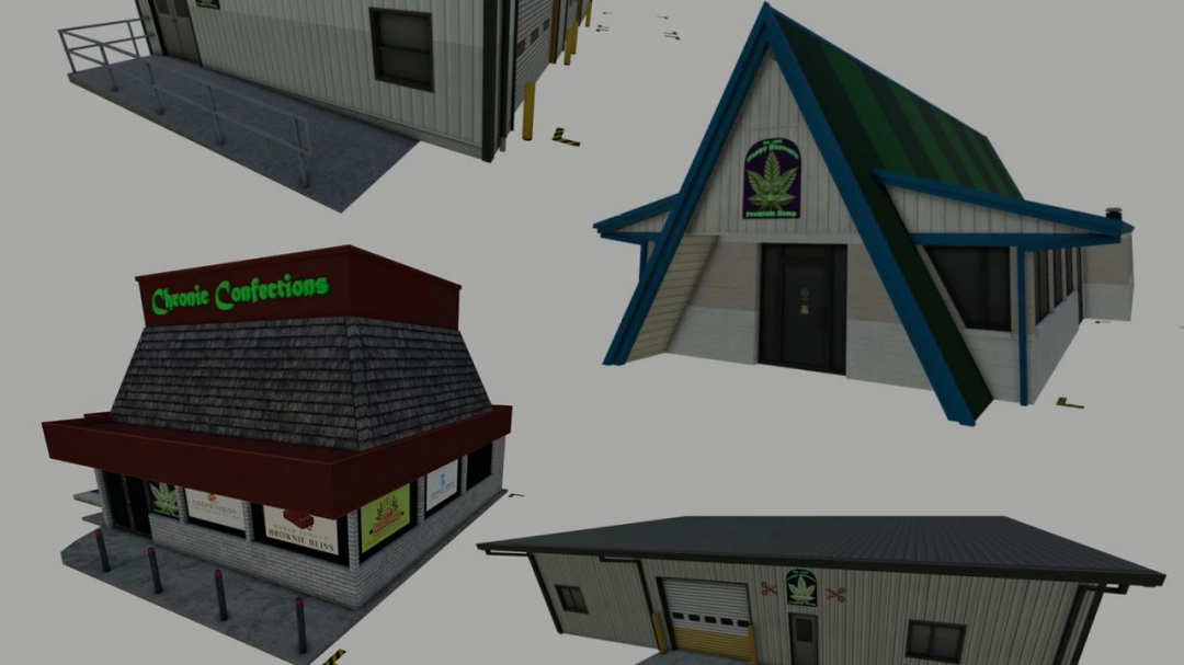 FS25 mods image showing buildings from Hemp Production System v1.5.1.0, including a confectionery and A-frame house.