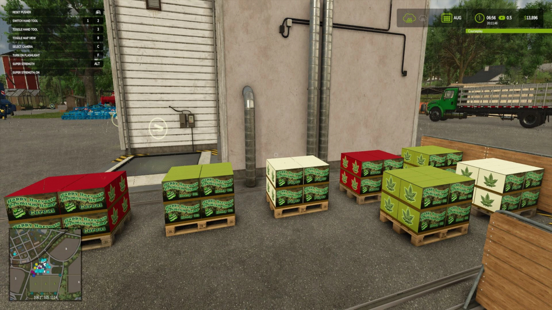 FS25 mods: Boxes of hemp products stacked on pallets in Farming Simulator 25's Hemp Production System v1.5.1.0.