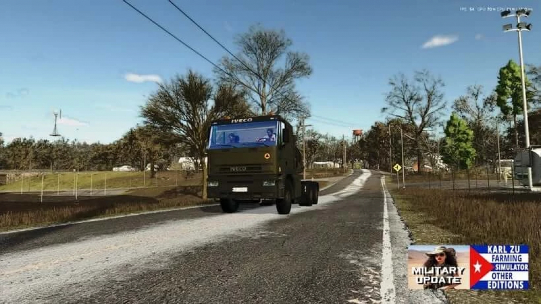 IVECO Eurotech 6x6 truck mod for Farming Simulator 25 on a rural road, showcasing FS25 mods.