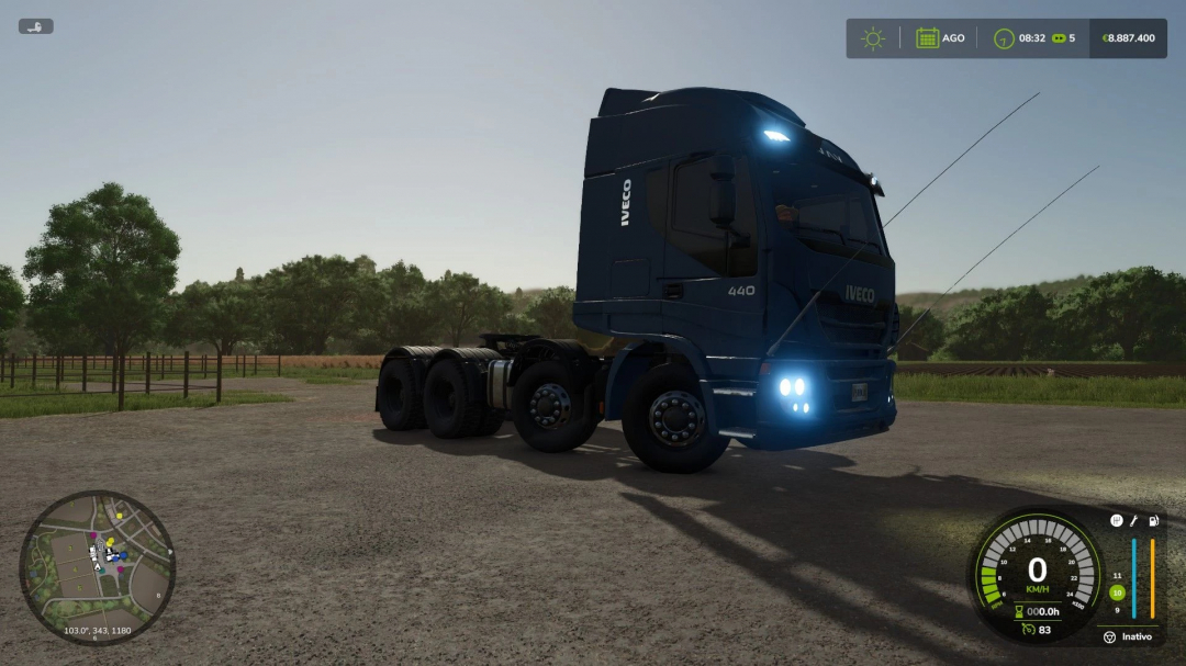 Iveco HIWAY 440 truck mod in Farming Simulator 25, showcasing vehicle features and interface. FS25 mods enhance gaming experience.