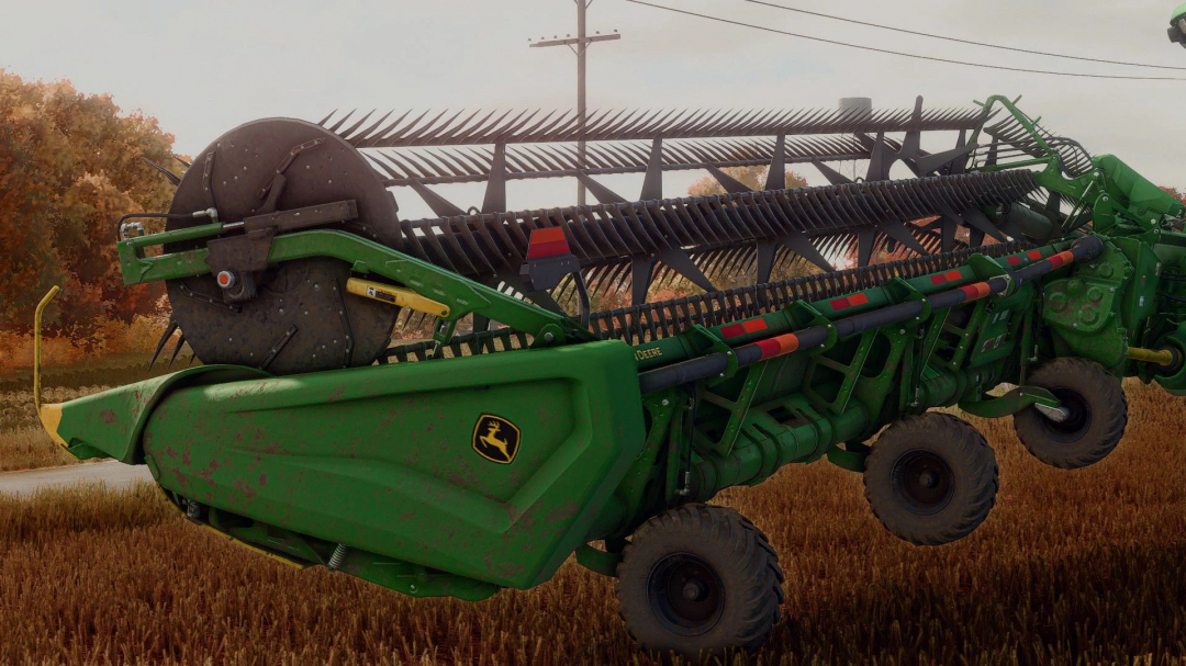 John Deere 45/62ft articulated pack mod in FS25, showing detailed harvester attachment against a rural backdrop.