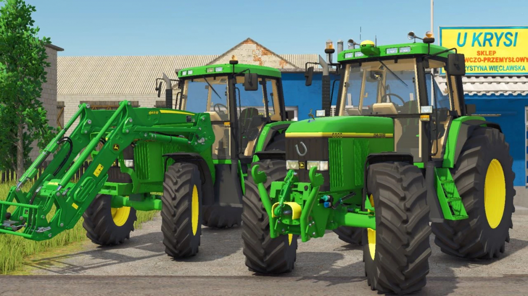 John Deere 6000 Series mod for FS25 showing two tractors with front loaders.